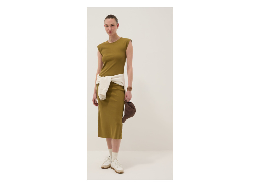 Ovs Vestido Verde Entallado Sin Mangas De Algodón Elástico, Mujer, Verde Oliva, Talla: 38
