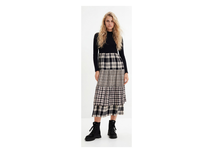 Desigual Vestido midi falda cuadros, Negro