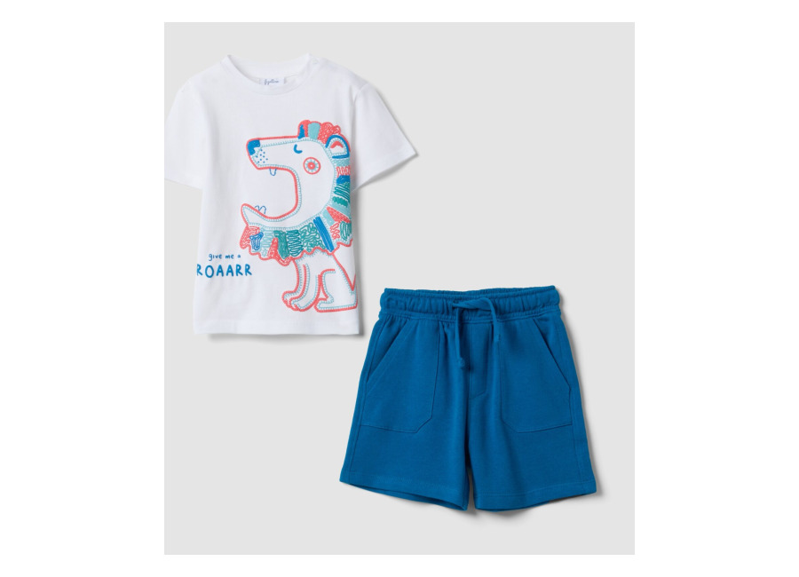 Fagottino Conjunto Blanco Y Azul De Puro Algodón Con Camiseta Y Shorts Para Bebé Niño, Corte Regular, Niño, Blanco/azul, Talla: 12-18