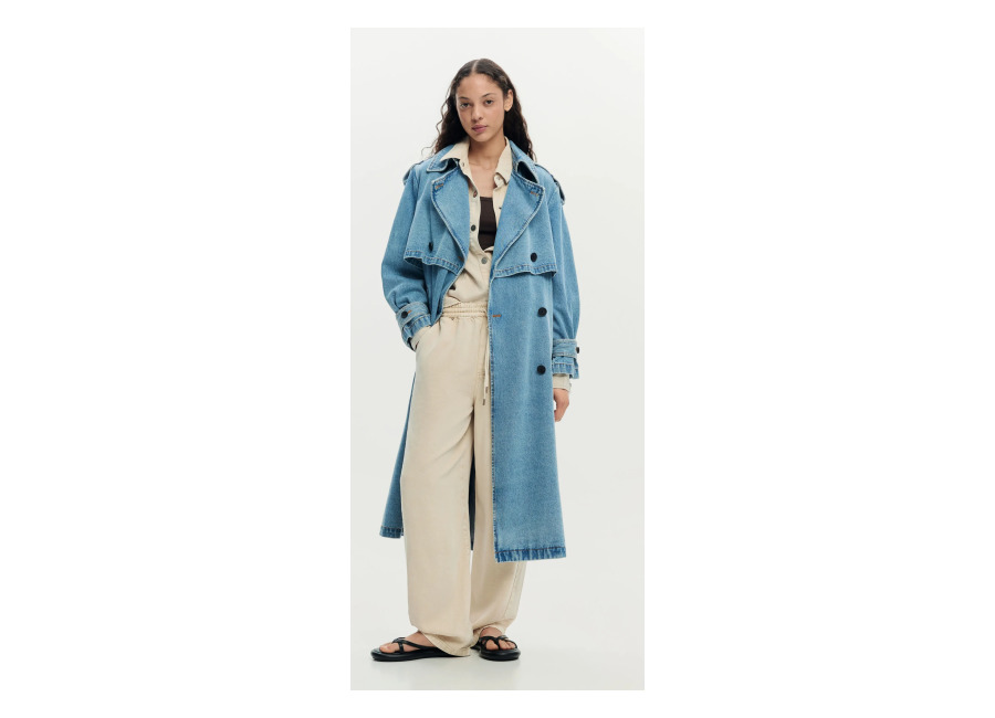 Desigual Gabardina denim cinturón, Mujer, Algodon, Azul