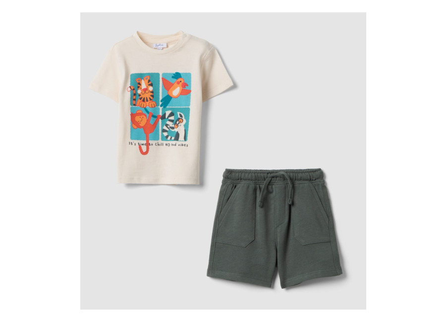 Fagottino Conjunto Beige De Algodón Puro Con Camiseta Y Pantalón Corto Para Bebé Niño, Corte Regular, Niño, Gris, Talla: 12-18