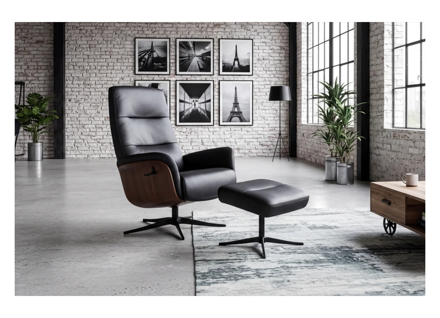 Kawola sillón reclinable SILVA sillón giratorio cuero negro con Puf