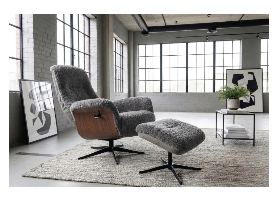 Kawola sillón reclinable SILVA sillón giratorio piel de oveja gris claro con Puf