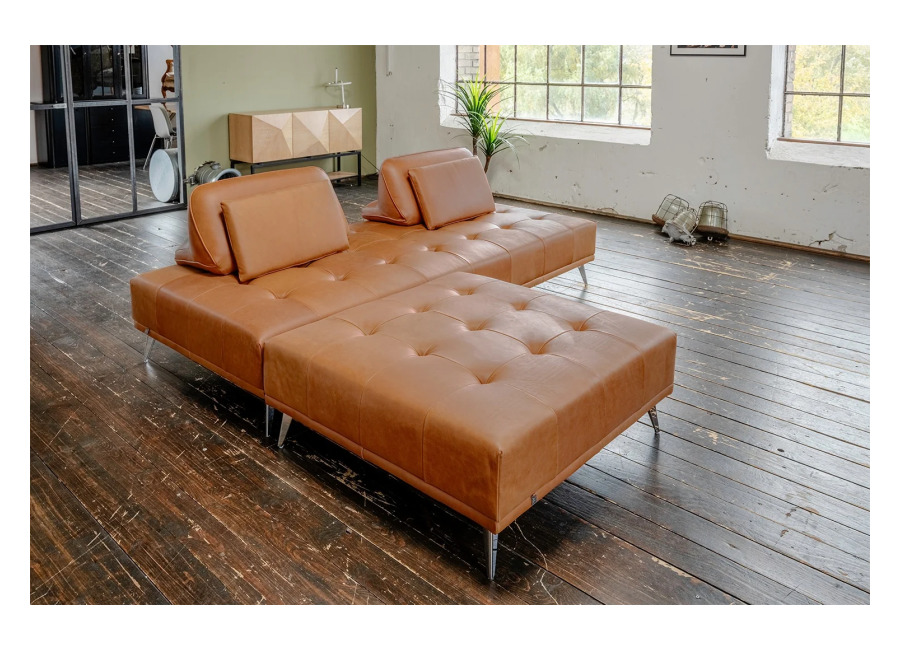 Kawola Sofá KAWOLA WIOLO, sofá cama tipo sofá diván con Puf, piel color coñac
