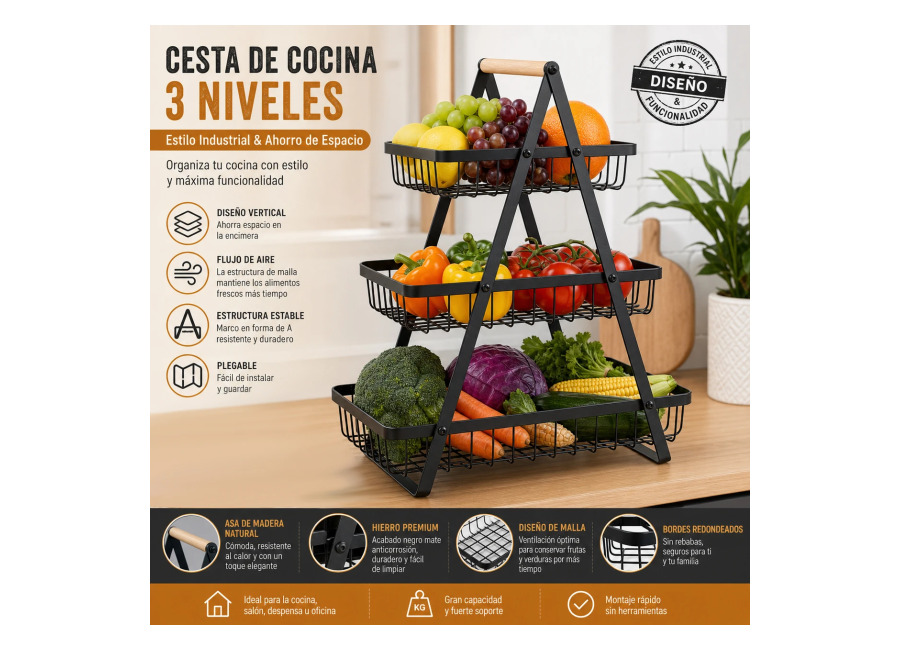 Organizador cocina 3 niveles metal negro manija madera natural 44,5×33,5x18cm cesta rejilla ventilada plegable frutas verduras…