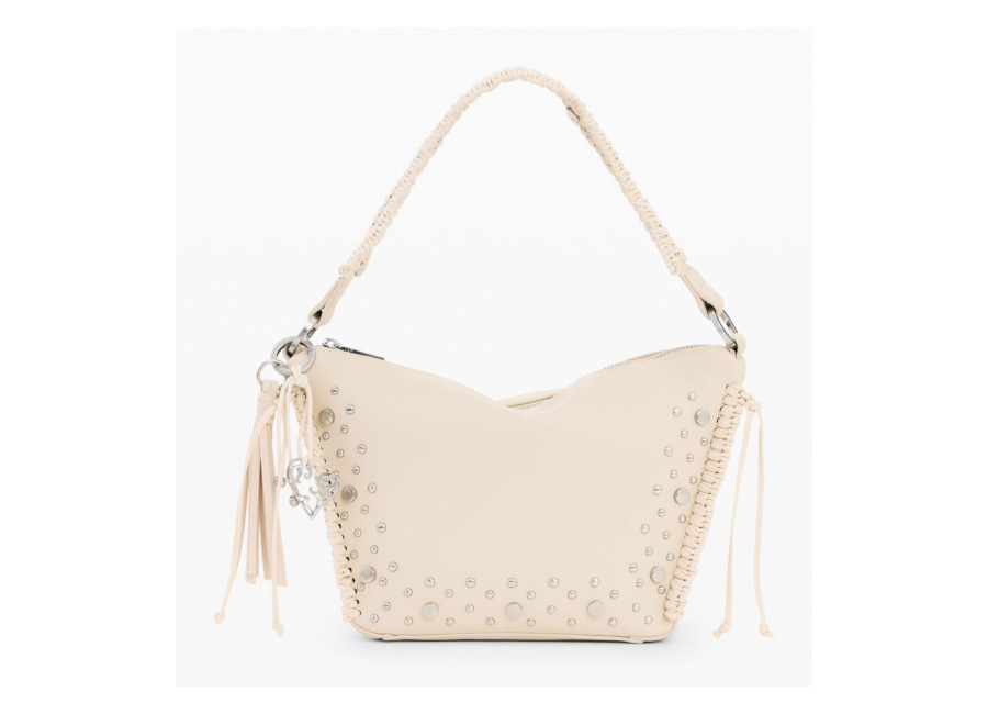 Desigual Bolso mediano tachuelas flecos, Mujer, Poliuretano, Blanco, U