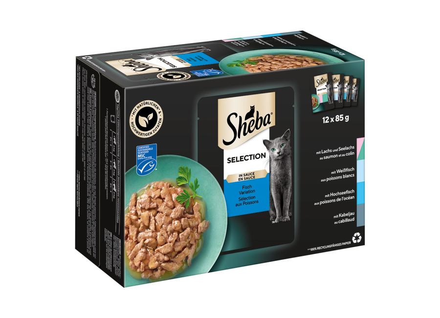 Sheba Multirreceta 48 x 85 g en sobres comida húmeda para gatos – Selección de pescado en salsa