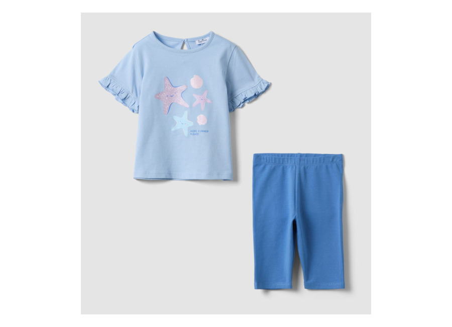 Fagottino Conjunto Azul Claro De Algodón Puro Con Camiseta Y Leggings Para Niña, Corte Regular, Niña, Azul Cielo/Azul, Talla: 30-36