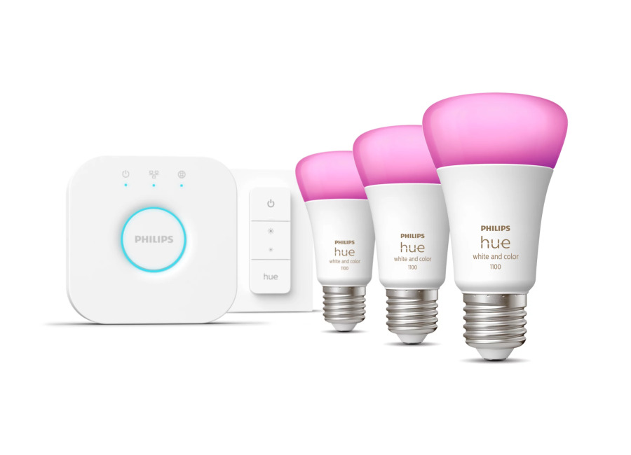 Philips Hue White & Color Ambiance Kit De Inicio: 3 Bombillas Inteligentes E27 (1100) + Regulador De Intensidad