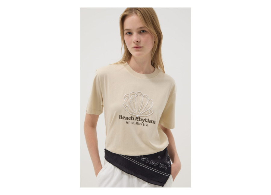 Ovs Camiseta Beige De Manga Corta En Algodón Puro Con Bordado, Mujer, Beige, Talla: 36