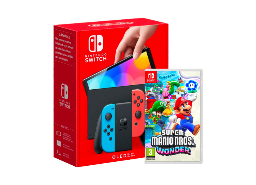 Nintendo Switch Modelo OLED Azul Neon/Rojo Neon + Mario Wonder (2)