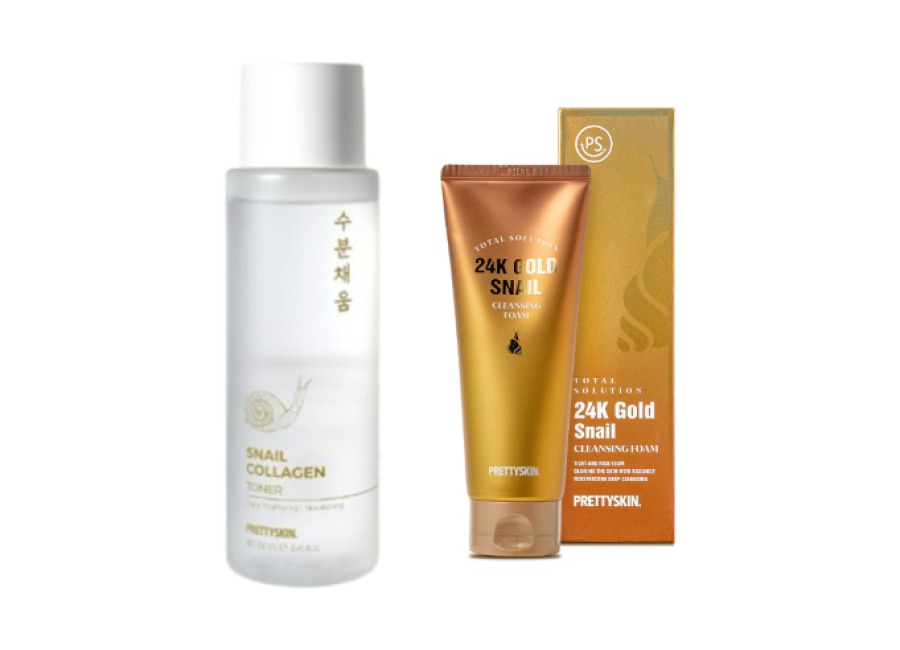 Prettyskin Snail Collagen Toner – 250ml (1ea) + Total Solution 24K Gold Snail Cleansing Foam – 150ml (1ea) Set