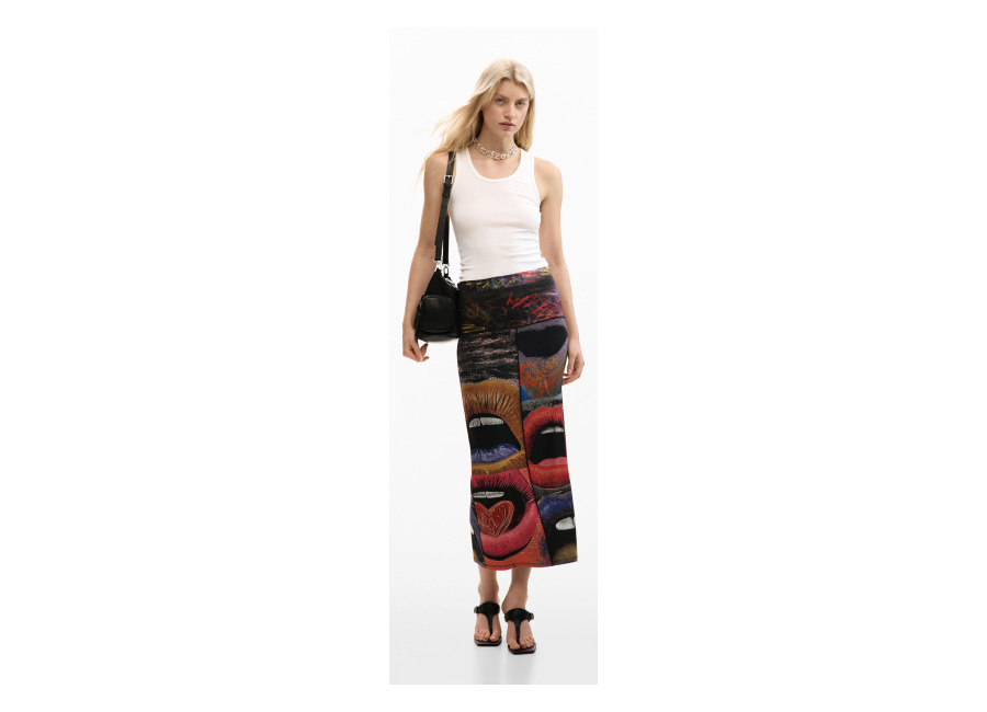 Desigual Falda punto estampada, Mujer, Viscosa, Negro