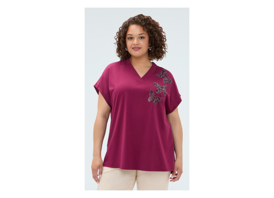 Fiorella Rubino Camiseta bimaterial con mariposas de lentejuela