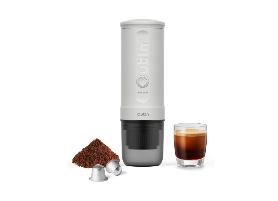 Cafetera Eléctrica Portátil OutIn Nano, Color Blanco Perla, Autocalentamiento, USB-C, Café Molido y Cápsulas NS -…