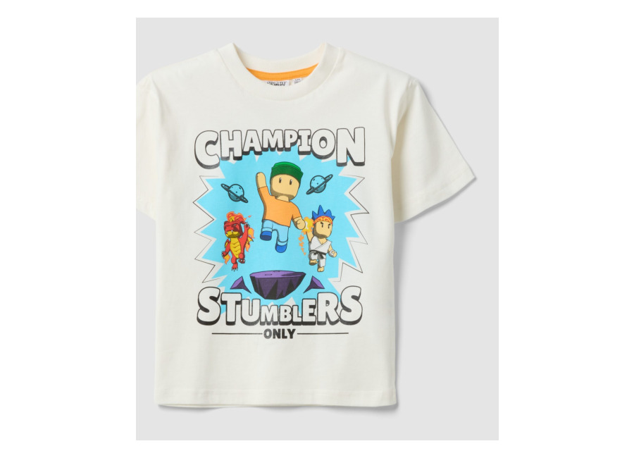 Ovs KIDS Camiseta Blanca Infantil De Algodón Puro Con Estampado De Stumble Guys, Corte Regular, Niño, Blanco crema, Talla: 5-6