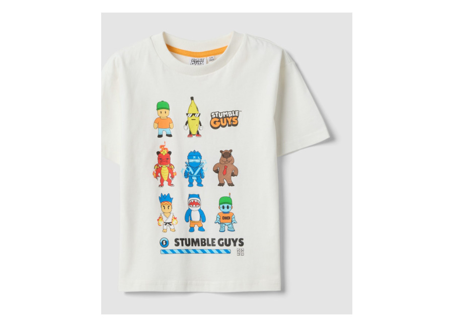 Ovs KIDS Camiseta Blanca Infantil De Algodón Puro Con Estampado De Stumble Guys, Corte Regular, Niño, Blanco crema, Talla: 5-6