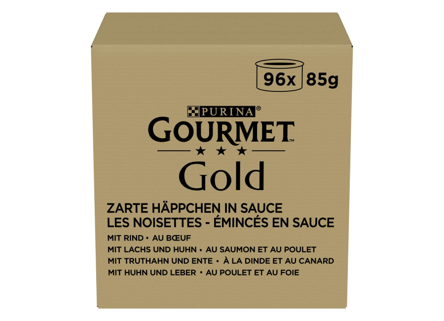 Gourmet Purina Gourmet Gold 96 x 85 g – Jumbopack – Bocaditos en Salsa: Buey, pollo e hígado, salmón y pollo, pavo y pato