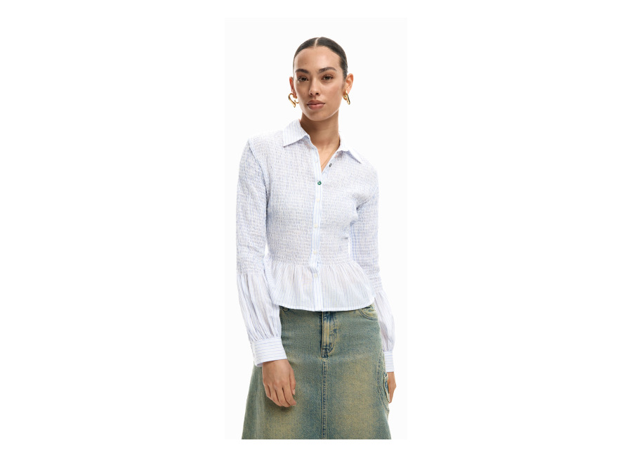 Desigual Camisa fruncida rayas, Mujer, Blanco