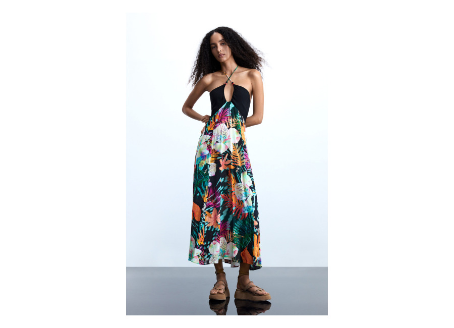 Desigual Vestido largo tropical, Mujer, Viscosa, Negro