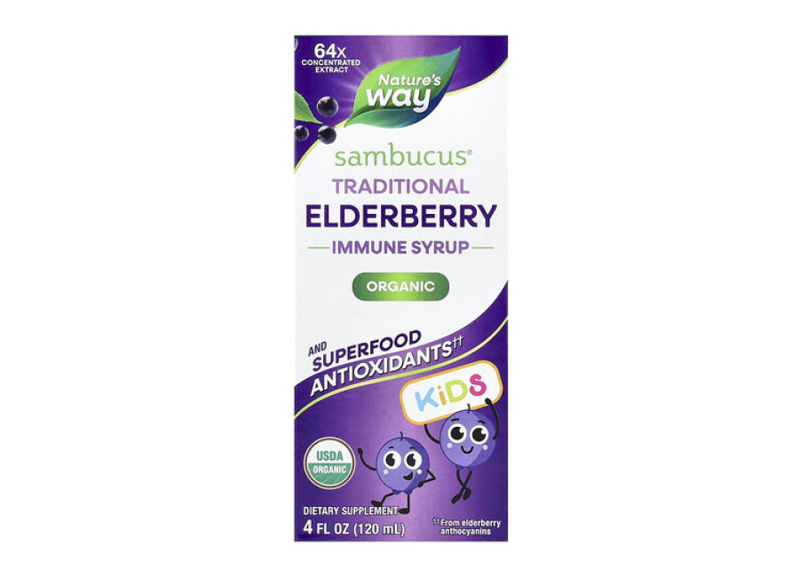 Nature’s Way Sambucus® para niños, Jarabe inmunitario tradicional orgánico para niños, 1 año en adelante, Saúco, 120 ml (4 oz. líq.)