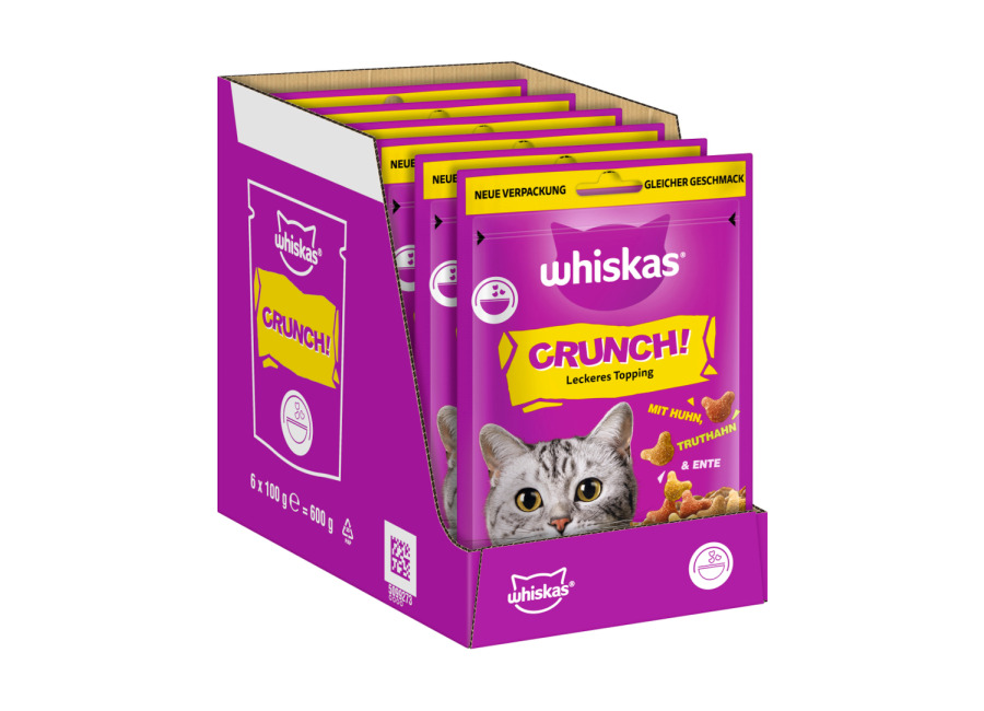 Whiskas snacks para gatos – Pack Ahorro – Crunch Pollo, pavo y pato (12 x 100 g)