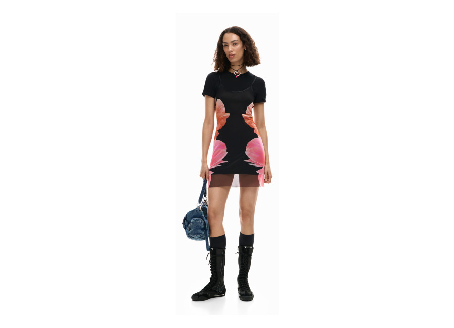 Desigual Vestido estampado floral, Mujer, Algodon, Negro