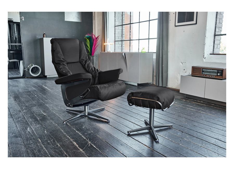 Kawola MODO sillón reclinable giratorio cuero negro con Puf