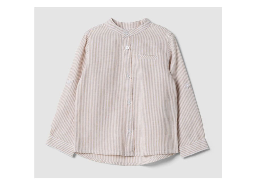 Fagottino Camisa De Niño A Rayas Blancas Y Beige En Mezcla De Lino Y Algodón, Niño, Blanco/beige, Talla: 9-12