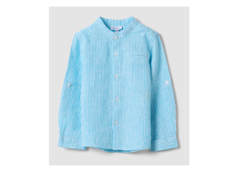 Fagottino Camisa Azul Claro A Rayas En Mezcla De Lino Y Algodón Para Niño, Corte Regular, Niño, Azul aguamarina, Talla: 9-12