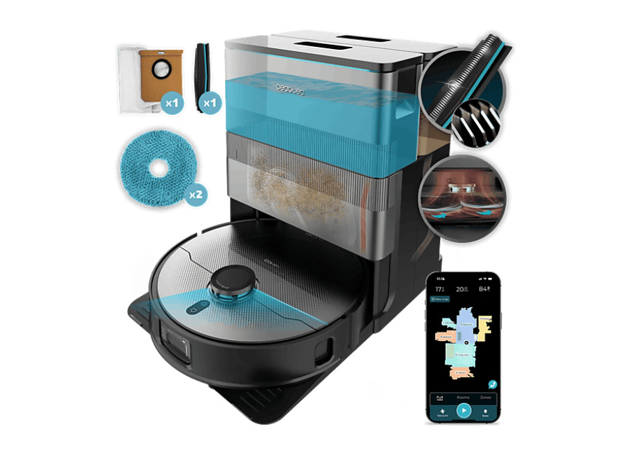 Cecotec Robot aspirador – Cecotec Conga X100, 50W, Aspiración en seco/húmedo, Programable, Base de Carga, 20 kPa Succión, Negro