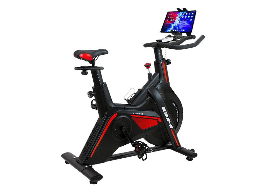BH FITNESS Bicicleta estática – BH Fitness TOKIO H9181, Spinning, Volante de inercia, Soporte tablet, Pedales Mixtos, Negro/Rojo