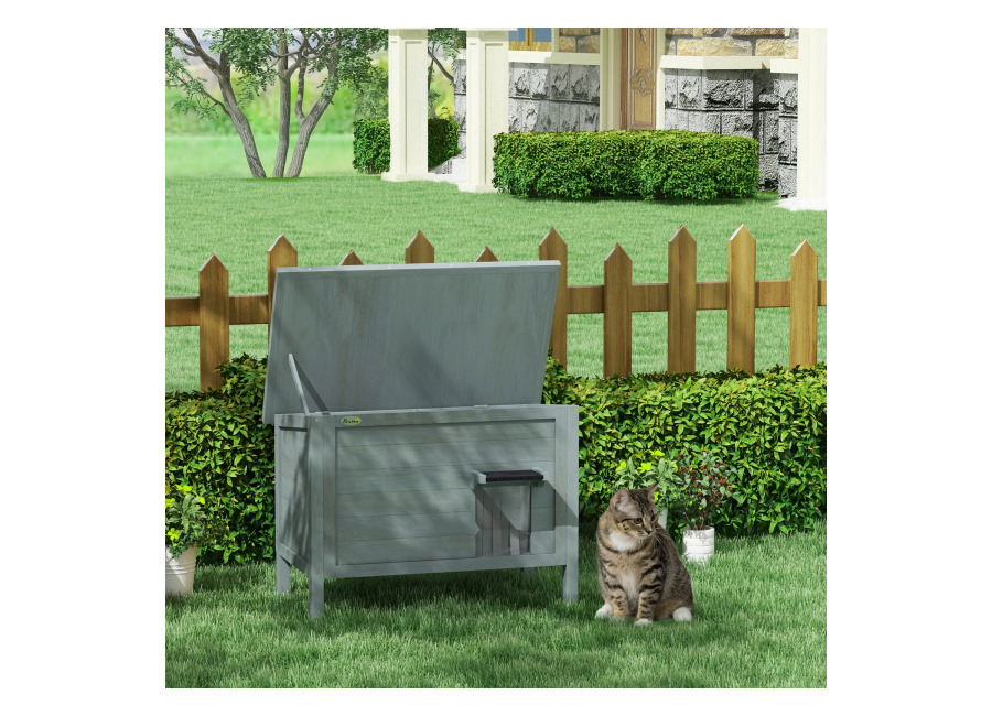 Casa para Gatos Elevada de Madera para Exteriores Pawhut con Techo Abrible, Aislamiento con Techo de…
