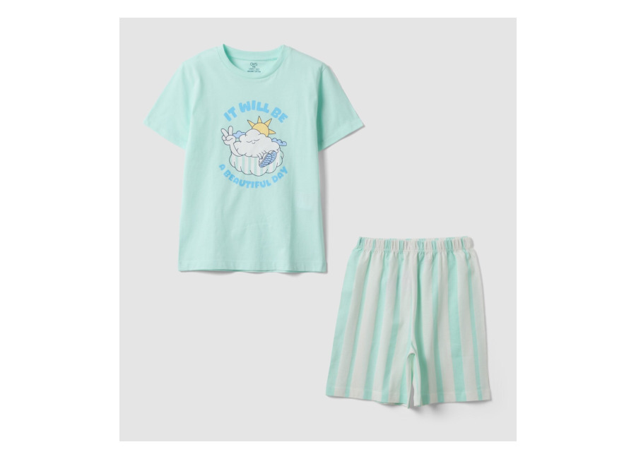 Ovs KIDS Pijama Azul Claro Infantil De Algodón Orgánico Puro, Corte Regular, Niño, Verde, Talla: 8-9