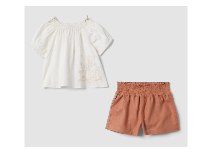 fagottino, conjunto blanco de algodon puro con blusa y shorts con bordado de winnie the pooh, nina, blanco/marron