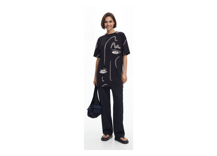 desigual, vestido ilustraciones, algodon, negro