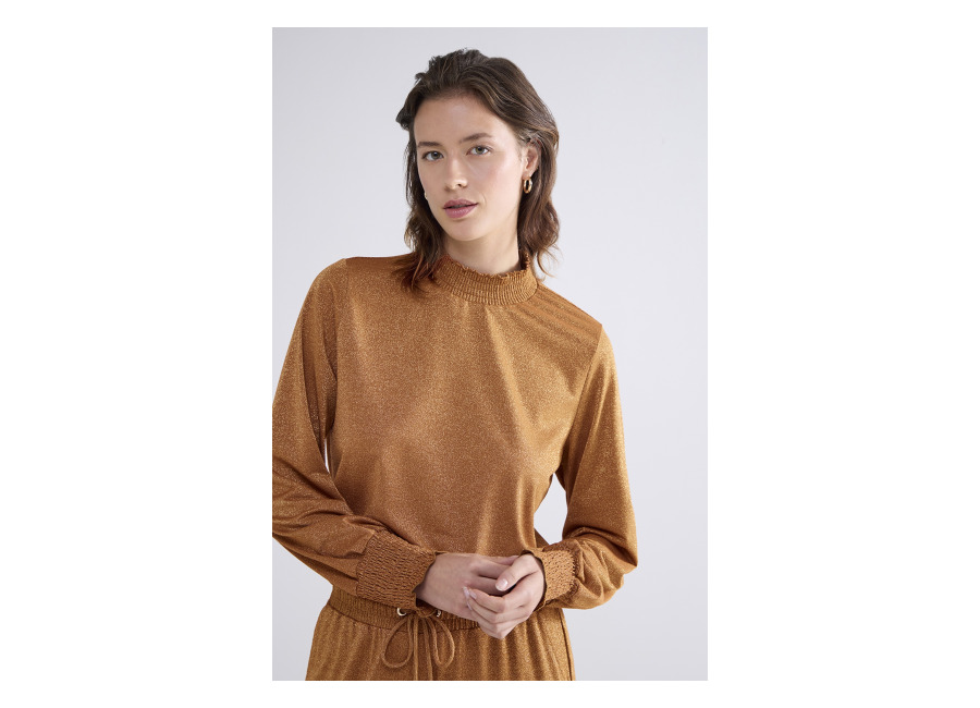 summum woman smocked top fine lurex jersey camel brown | manga larga outlet | mujer | marron