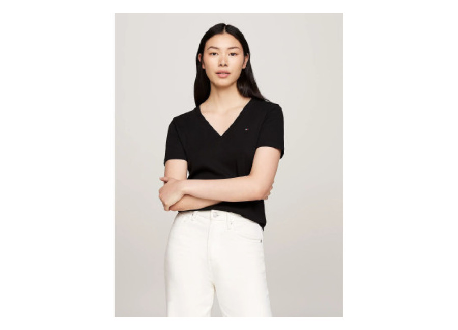 tommy hilfiger para mujer. ww0ww40584 camiseta slim con cuello de pico negro , casual, algodon, manga corta