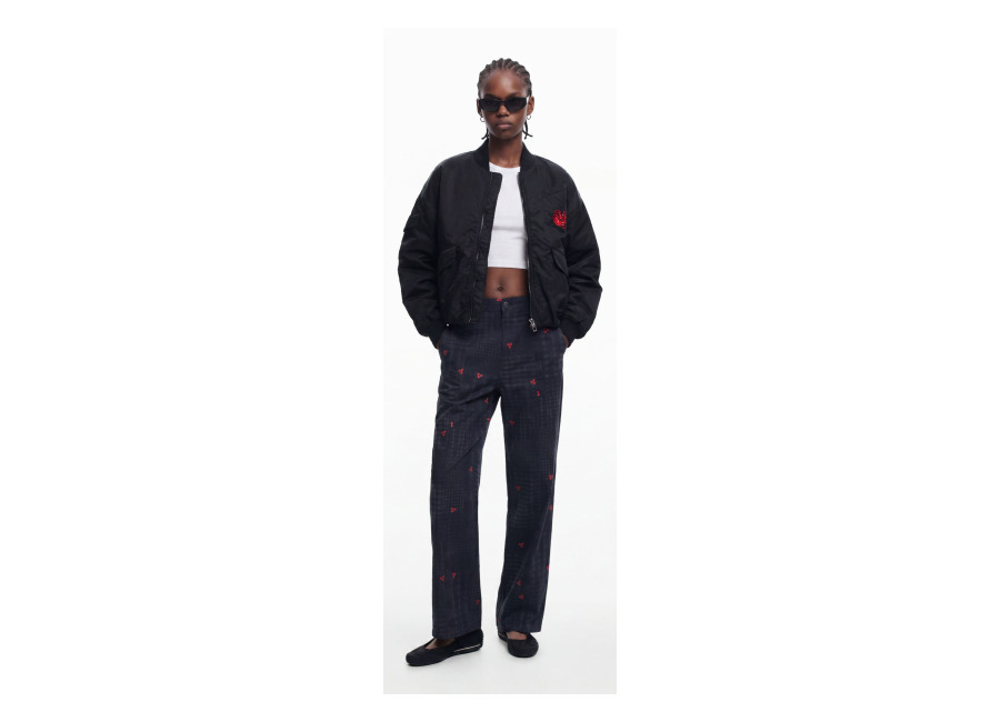 desigual, pantalon cuadros y cerezas, algodon, negro