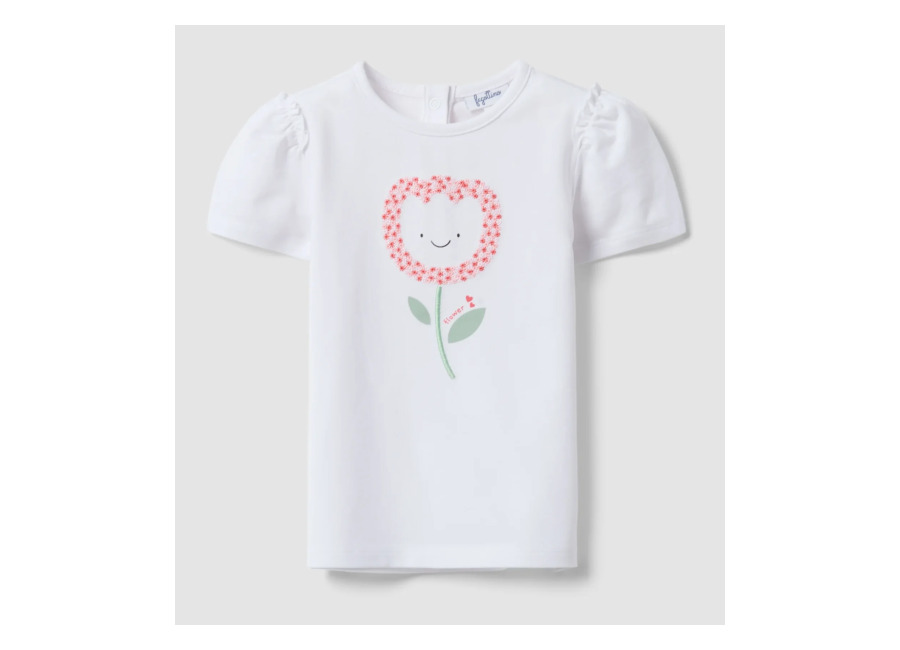 fagottino, camiseta blanca de algodon elastico para nina ajuste regular con bordado de flor, nina, blanco optico, talla: 12
