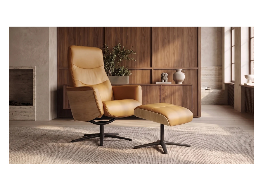 Kawola Sillón relax KAWOLA VANITAS, sillón giratorio de cuero color coñac con Puf