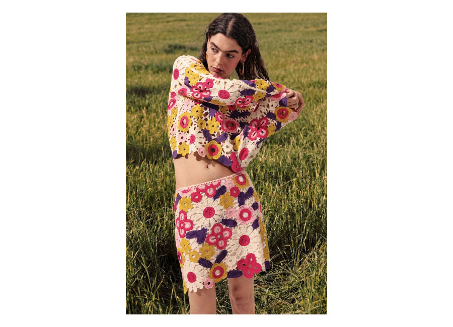 desigual, jersey crochet multicolor, blanco