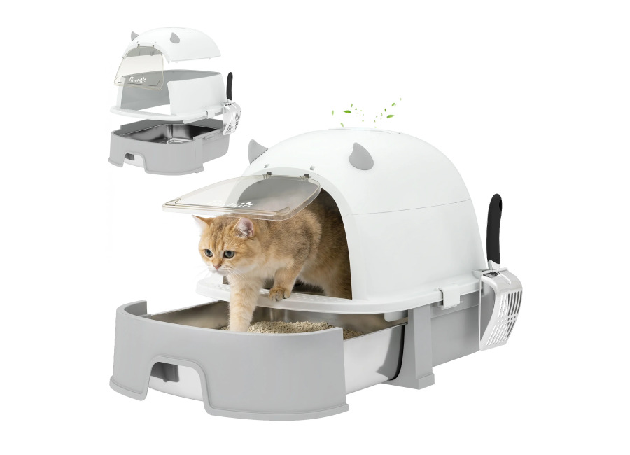 PawHut Arenero para Gatos, L, Caja de Arena para Gatos con Tapa Extraíble y Bandeja de…