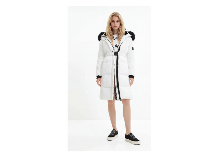 desigual, abrigo largo padded cinturon, poliester, blanco