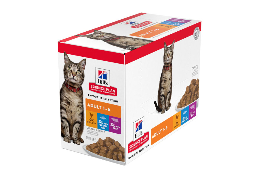 Hill’s 24 sobres x 85 g Hill’s Science Plan Adult Pollo, Pescado Azul y Vacuno en Salsa sobre para gatos ¡Pack ahorro!