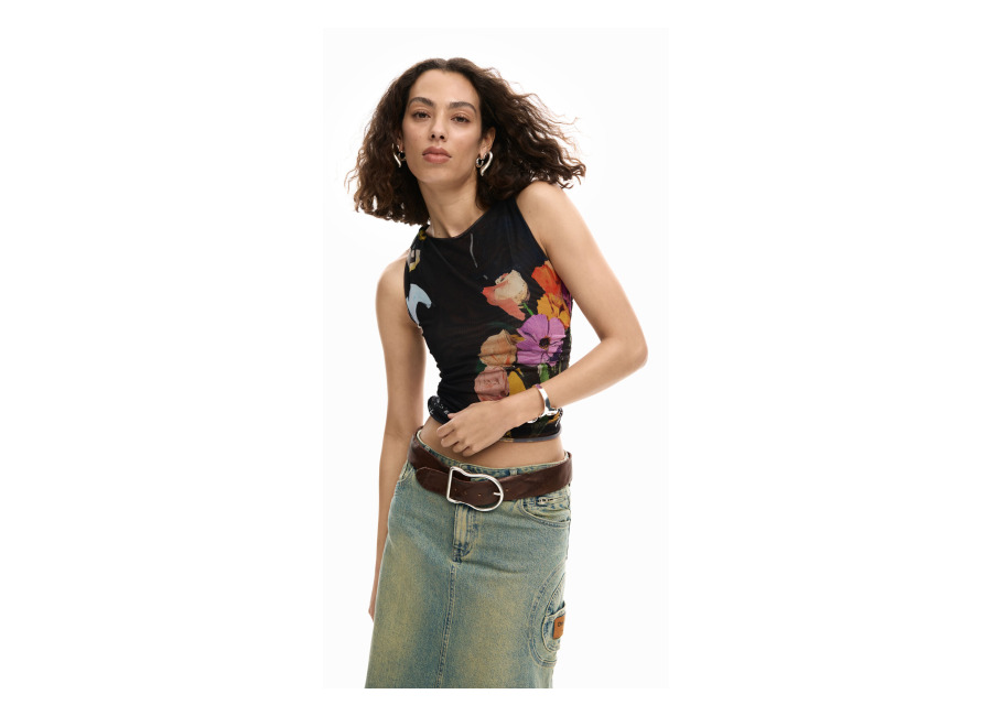 desigual, top tul flores, poliester, negro