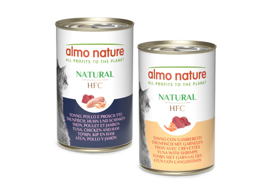 Almo Nature HFC 12 x 140 g – Pack Ahorro – Pack mixto: Atún, pollo y jamón cocida y Atún con gamba