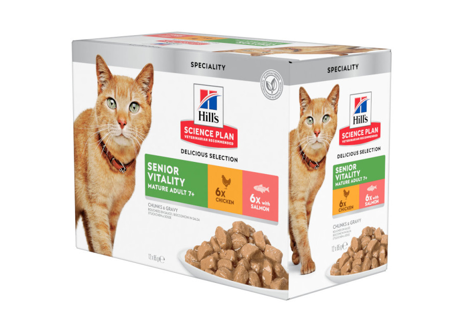 Hill’s 24 sobres x 85 g Hill’s Science Plan Senior Vitality Pollo y Salmón Sobre en salsa para gatos ¡Pack Ahorro!