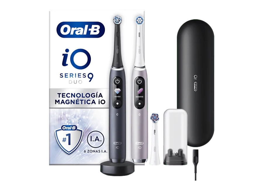 Oral-B Cepillo eléctrico – Oral-B iO 9, Pack doble, 3 cabezales, Seguimiento 3D con app, Con estuche de viaje, Negro y Rosa