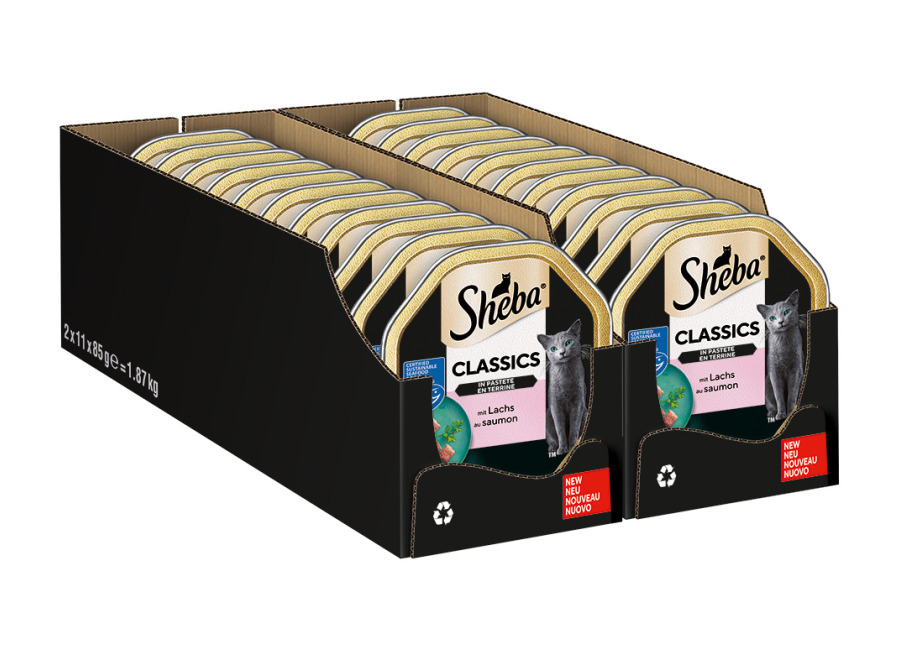 Sheba Receta única 22 x 85 g en tarrinas comida húmeda para gatos – Classics – paté con salmón